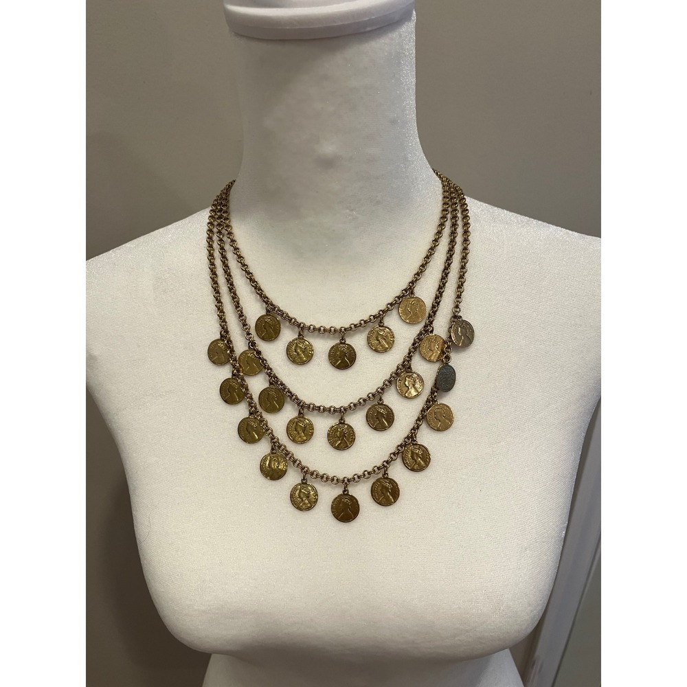 Stella & Dot Gold Tone Triple Strand Coin Charm Tiered Statement Necklace